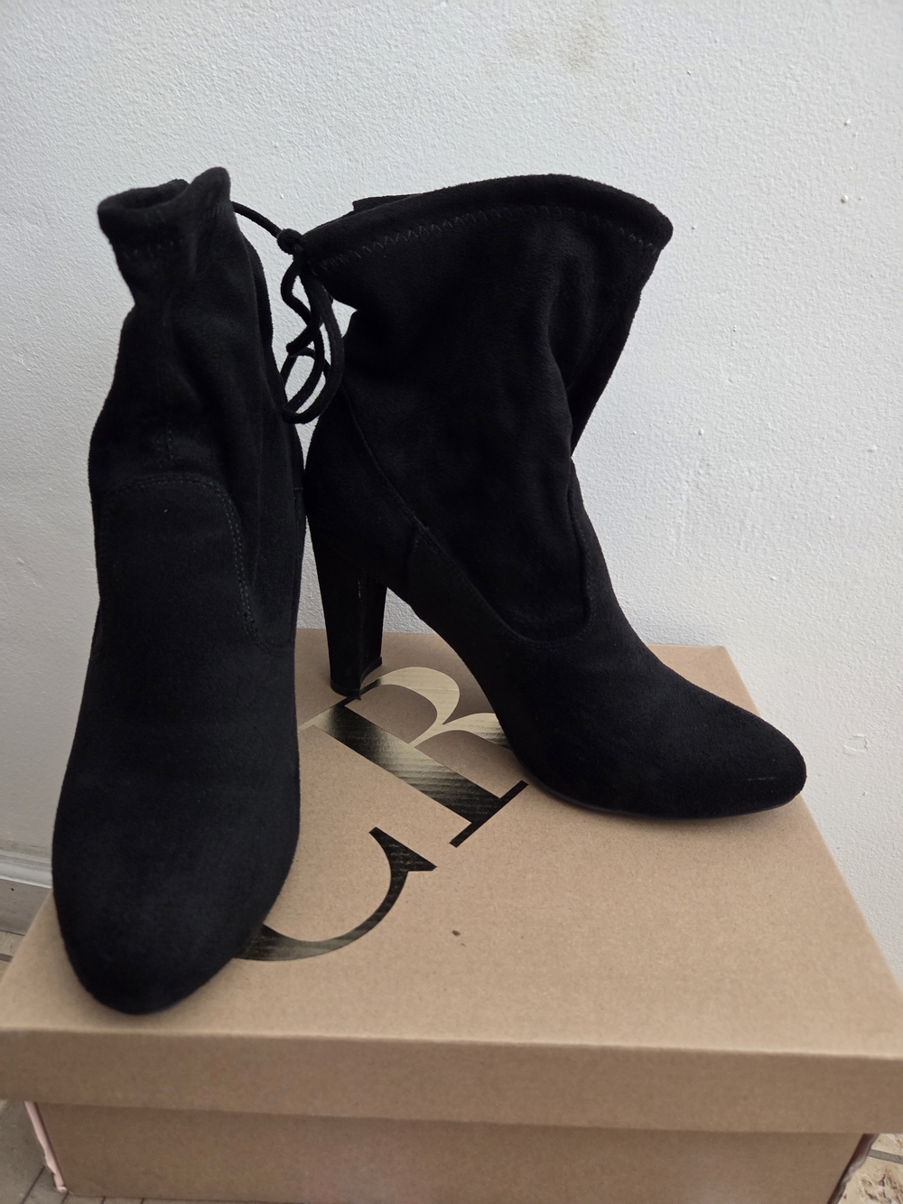 Women's Black Suede Ankle Booties with Block Heel - Picture 3 of 8
